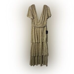 LULU’S NWT Gold Metallic Tiered Maxi Dress Plunge V Neck Flutter Sleeve Formal L
